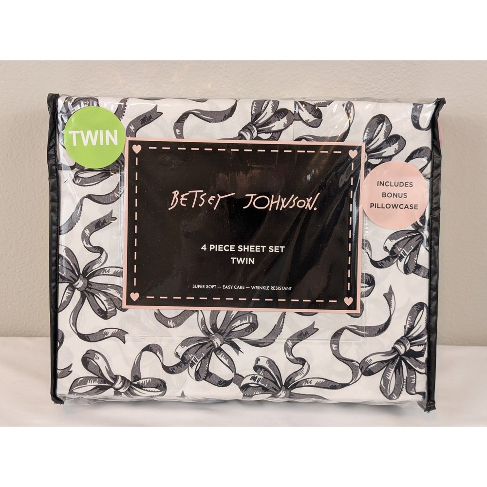 BETSEY JOHNSON Black Gray Ballet Bows TWIN 4-Piece Sheet Set Coquette Ribbon New
